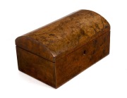 An antique burr walnut jewellery casket with dome top, 19th century, 11.5cm high, 21.5cm wide, 13.5cm deep.