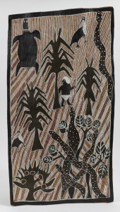 ARTIST UNKNOWN, (animals, figure and trees), earth pigments on bark, gallery number verso, 77 x 43cm.