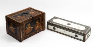 An antique Vizagapatam ivory box bearing ownership silver plaque inside the lid "ELLEN JANE, 1st May, 1855", 19th century; together with a hand-painted Indian box with fall front revealing two drawers, 20th century, (2 items), 33cm and 25cm wide.