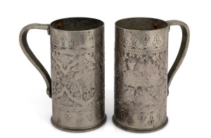 TRENCH ART pair of pint size tankards engraved with Egyptian scenes, most likely WW1 period, 15.5cm high.