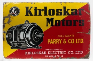 "KIRLOSKA MOTORS" vintage tin enamel Indian advertising sign, 20th century, ​​​​​​​62 x 92cm.