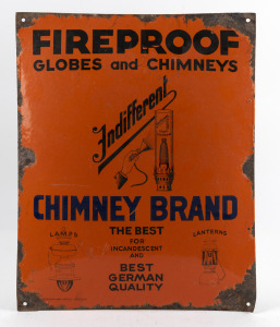 "INDIFFERENT GLOBES & CHIMNEYS" cushion fronted vintage tin enamel advertising sign, 20th century, 50 x 40cm.