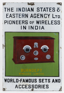 "BURNDEPT WIRELESS LIMITED" vintage Indian tin enamel sign, 20th century, ​​​​​​​76 x 50cm.