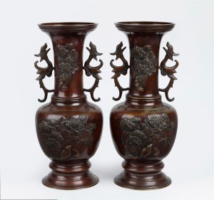 A pair of Chinese bronze mantle vases with peony decoration, 20th century, 32.5cm high
