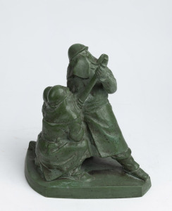 A vintage bronze figure group of firefighters with green painted finish, 20th century, 24cm high