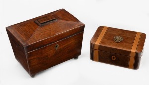 An antique English rosewood tea caddy; together with an antique inlaid rosewood jewellery casket with lion mask ring handle, 19th century, (2 items), the tea caddy 20cm wide