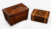 An antique English rosewood tea caddy; together with an antique inlaid rosewood jewellery casket with lion mask ring handle, 19th century, (2 items), the tea caddy 20cm wide