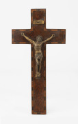 An antique French Corpus Christi mounted on amboyna and kingwood cross, 19th/20th century, 30cm high