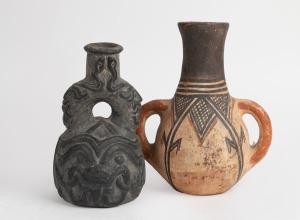 A Moroccan Berber pottery vessel, 20th century; together with an American figural Chavin pottery vessel, (unknown age), (2 items), 24.5cm and 22cm high.