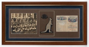RUGBY UNION PATRIOTIC MATCHES. Framed display incorporating an original black and white photograph, lithograph program, rising sun badge and kangaroo patch, dated 1918. ​​​​​​​39 x 75cm overall.
