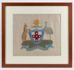 "ADVANCE AUSTRALIA" antique patriotic embroidery depicting the Australian coat of arms, cotton on calico, 19th/20th century, ​​​​​​​37 x 42cm, 57 x 62cm overall