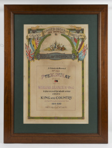 "ROLL OF HONOUR. Grand United Order of Odd Fellows, New South Wales" coloured lithograph display, a tribute to the memory of PTE. W. J. McKAY, 7th A.L.H. (Australian Light Horse), who died at Gallipoli, 16th of August, 1915. Framed and glazed, 89 x 67cm o