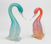Two pink and blue opalescent Murano glass swan ornaments in the manner of Archimede Seguso, 28cm and 32cm high&nbsp;
