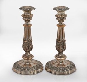 A pair of antique Sheffield plated candlesticks, early to mid 19th century, 29cm high.