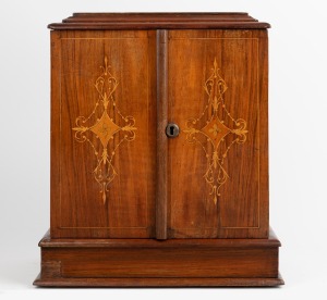 An antique burr walnut three drawer collector's cabinet with two inlaid doors, 19th century, 35cm high, 30cm wide, 19cm deep.