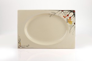 CLARICE CLIFF "Grill" pattern English Art Deco porcelain platter, circa 1930, stamped "Bizarre By Clarice Cliff, The Biarritz, Royal Staffordshire, Great Britain", 40.5cm wide.