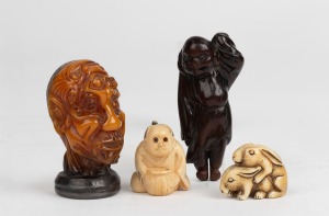 Antique Japanese carved boxwood figural netsuke; together with two carved ivory netsuke and a novelty erotic ornament, 19th/20th century, (4 items)