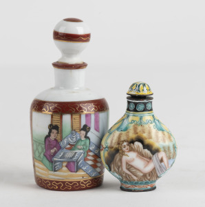 An antique Chinese enamel snuff bottle with risque scenes, together with a Chinese hand-painted porcelain snuff bottle, 19th/20th century, (2 items), 6.5cm and 10cm high.