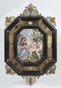 GRAND TOUR Capodimonte antique Italian porcelain plaque attractively mounted in a period&nbsp;frame adorned with gilt metal mounts and semi-precious stone panels, circa 1771-1817, blue factory mark to reverse, 48 x 31cm overall.