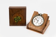 ZENITH nickel plated open face pocket watch&nbsp;with alarm, together with two attractive antique Italian olive wood travelling cases, 19th/20th century, (3 items).