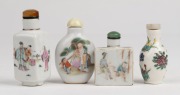 Four antique and vintage porcelain snuff bottles with hand-painted enamel decoration, 19th/20th century, the largest 8cm high