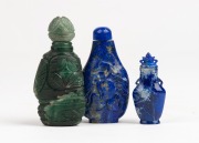Two Chinese lapis lazuli scent bottles; together with a carved jade scent bottle, 19th/20th century, (3 items), the largest 7cm high