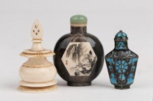Three Chinese scent bottles comprising of an attractive cloisonne enamel on silver (seal mark to base) example, turned and carved ivory example and a carved horn and ivory example with jade top, 19th/20th century, (3 items), the largest 5.5cm high