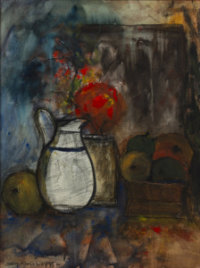 DREW PENDLEBURY&nbsp;(1952 - ), (still life with white jug and fruit), mixed media on paper, signed lower left "Drew Pendlebury, '75", ​​​​​​​48 x 36cm, 68 x 55cm overall