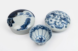 Antique Chinese blue and white porcelain tea bowl; together with two blue and white porcelain circular lidded boxes, 19th century and earlier, (3 items), the largest 8.5cm diameter
