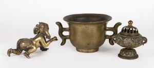 An antique Chinese bronze censer, a Chinese bronze lidded incense burner and a cast bronze crawling Ganesh statue, mixed vintages, (3 items), Ganesh 13cm long