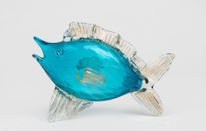 A vintage blue Murano glass fish vase with gold foil inclusions, mid 20th century, 15cm high, 23cm long