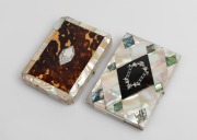 Two antique card cases, mother of pearl, tortoise shell, paua shell and silver, both attractively fitted, 19th century, ​​​​​​​11cm wide.