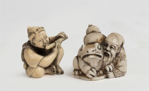 Two Japanese carved ivory netsuke&nbsp;of a bearded man with a toad, and a sitting man playing a flute, early to mid 20th century, ​​​​​​​the larger 4cm high.