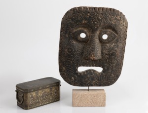 A carved timber mask on stand; together with a bronze betel nut box, (2 items), ​​​​​​​the box 17cm wide
