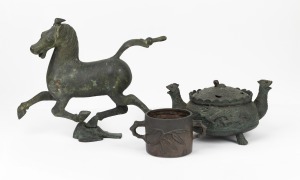 A Chinese bronze horse statue, bronze censer and two handled pot. (3 items), ​​​​​​​the horse 26cm high