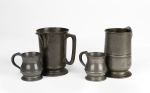 Antique pewter tankards and mug, 18th/19th century, the largest 17cm high.