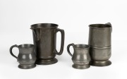 Antique pewter tankards and mug, 18th/19th century, ​​​​​​​the largest 17cm high.