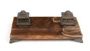 An antique French brown onyx and bronze desk set, 19th century, 34cm wide.
