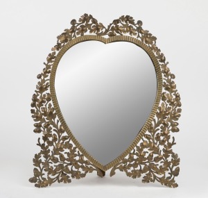 An antique English heart shaped table mirror with pierced brass acorn frame and easel stand, 19th century, 43 x 37cm