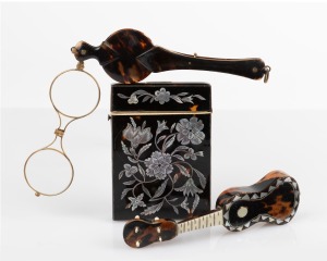 An antique tortoise shell calling card case, lorgnette and miniature guitar ornament, 19th and 20th century, (3 items), the case 10.5cm high.