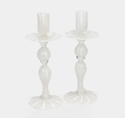 A pair of white latticino Murano&nbsp;glass candlesticks, mid 20th century, ​​​​​​​24cm high.