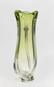 VAL ST. LAMBERT vintage green art glass vase, mid 20th century, original foil label, 51cm high.