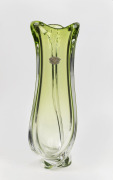 VAL ST. LAMBERT vintage green art glass vase, mid 20th century, original foil label, ​​​​​​​51cm high.