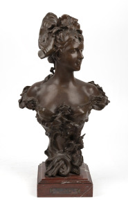 An antique French spelter and rouge marble bust of a lady, 19th century, signed "ANT NELSON", 48cm high.