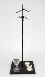 Antique metal scientific instrument stand, air twist wine glass with engraved coat of arms and a Royal Worcester English white porcelain miniature cornucopia vase, (3 items), the largest 67cm high