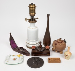 Antique pocket set of scissors, antique pin cushion stand, antique Bryant & May's "Superior Candle Wax Vestas", RICHARD COBDEN&nbsp;Bois Durci plaque, Melbourne centenary porcelain ashtray, oil lamp, vases and Chinese teapot, 19th and 20th century, (9 items)