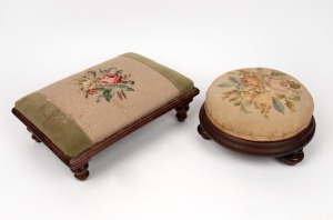 Two antique timber footstools with floral tapestry tops, 19th century, the larger 38cm wide