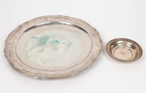 A vintage 800 silver charger, together with an Australian silver dish, 20th century, (2 items), the charger 36cm wide, 849 grams total
