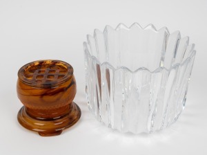 ORREFORS Swedish crystal bowl, together with a Davidson amber coloured cloud glass flower bowl with flower aid and stand, (2 items), the larger 16cm high