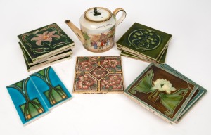 Fourteen assorted antique tiles, and a vintage porcelain teapot, (15 items)